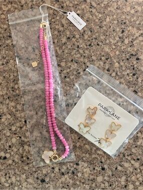 Pink Beaded Necklace with Gold Charm & Matching Butterfly Earrings